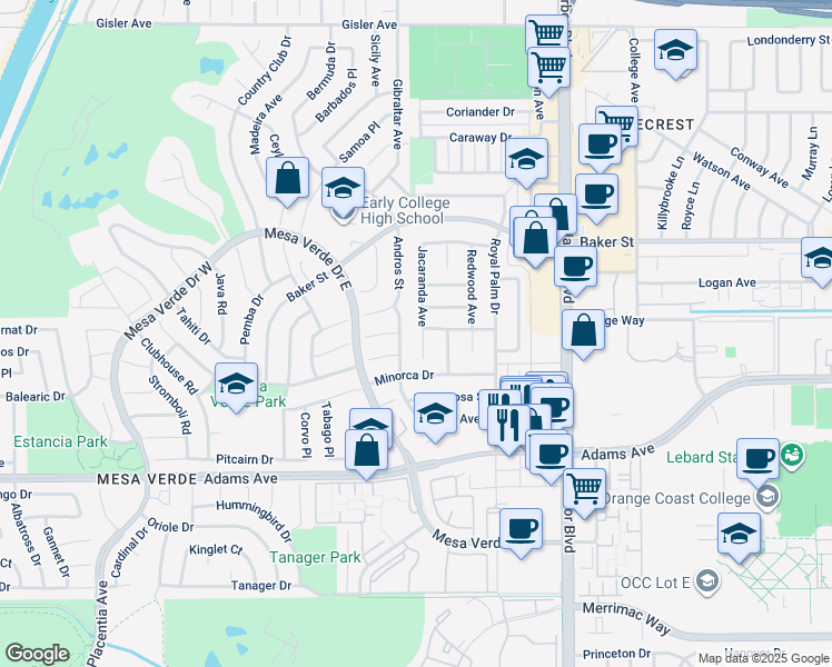 map of restaurants, bars, coffee shops, grocery stores, and more near 2925 Jacaranda Avenue in Costa Mesa
