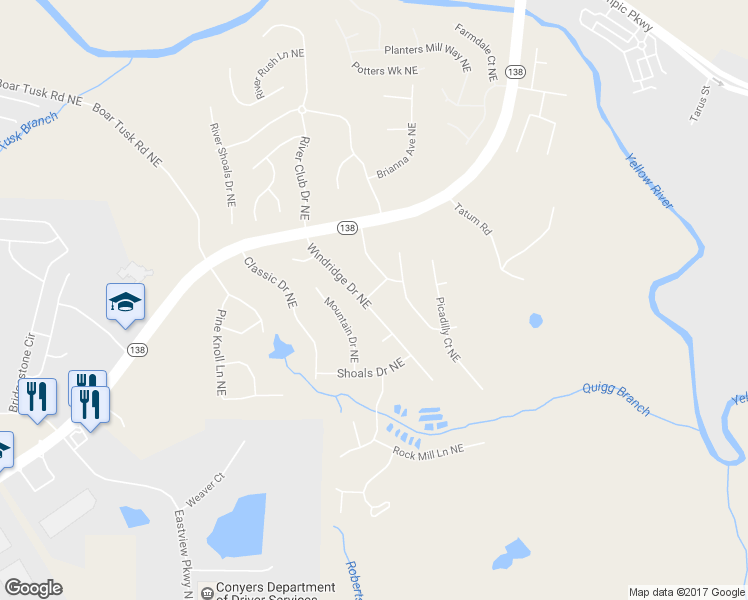 map of restaurants, bars, coffee shops, grocery stores, and more near 1309 Bedford Lane Northeast in Conyers