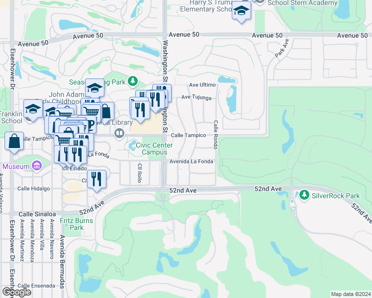 map of restaurants, bars, coffee shops, grocery stores, and more near 51200 Calle Paloma in La Quinta