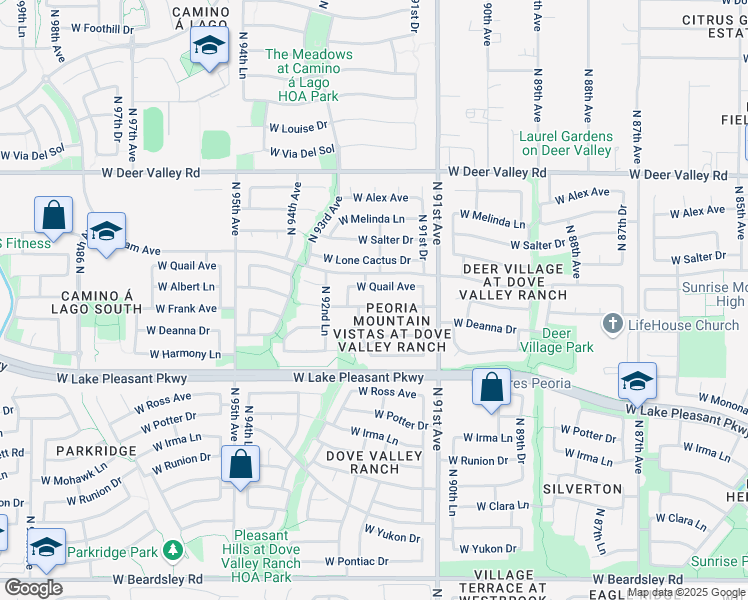 map of restaurants, bars, coffee shops, grocery stores, and more near 9168 West Albert Lane in Peoria