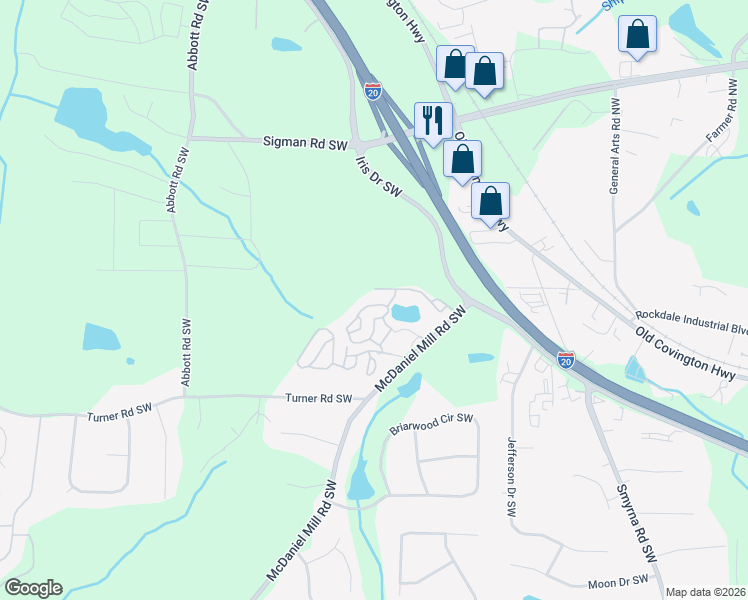 map of restaurants, bars, coffee shops, grocery stores, and more near 17204 Saint James Drive in Conyers