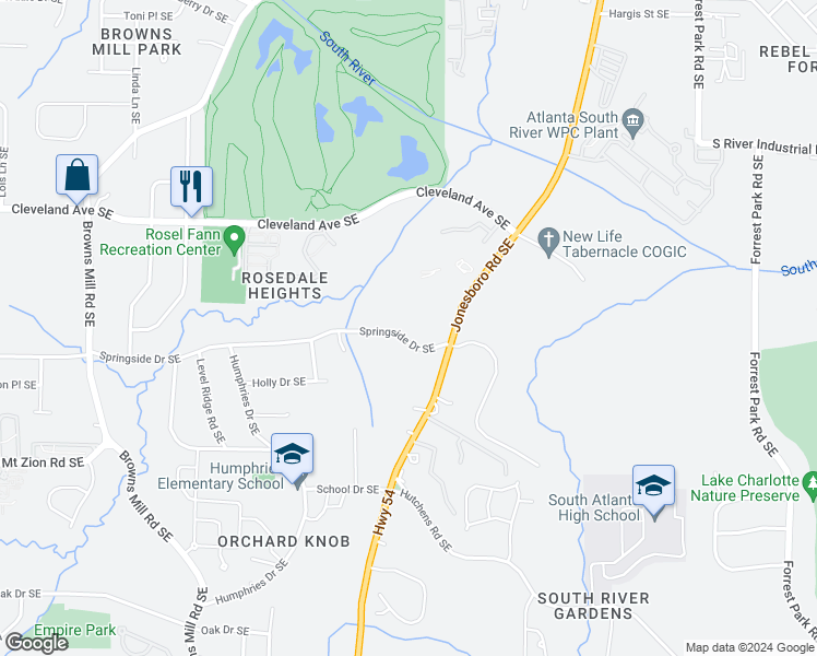 map of restaurants, bars, coffee shops, grocery stores, and more near 534 Springside Drive Southeast in Atlanta