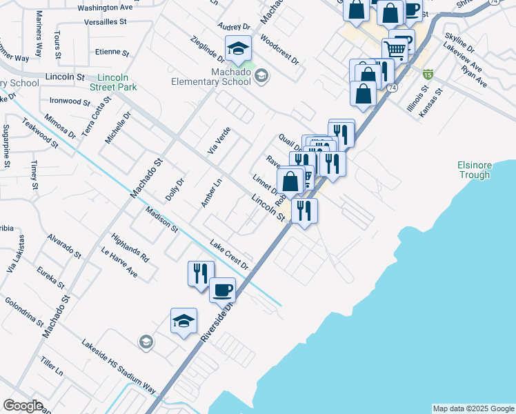 map of restaurants, bars, coffee shops, grocery stores, and more near 15195 Lincoln Street in Lake Elsinore