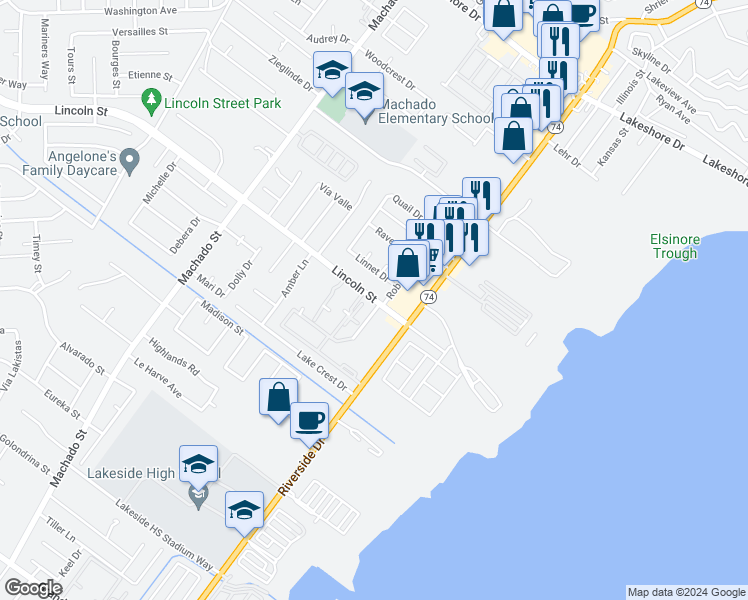 map of restaurants, bars, coffee shops, grocery stores, and more near in Lake Elsinore
