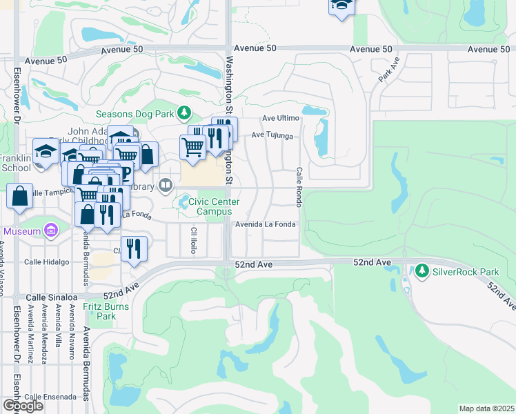 map of restaurants, bars, coffee shops, grocery stores, and more near 51200 Calle Paloma in La Quinta