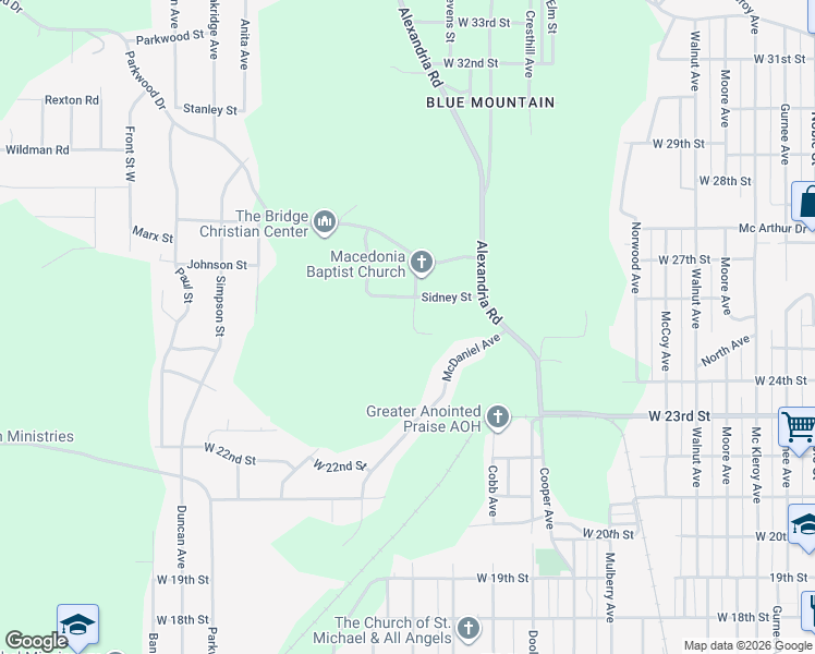 map of restaurants, bars, coffee shops, grocery stores, and more near 2510 Church Street in Anniston