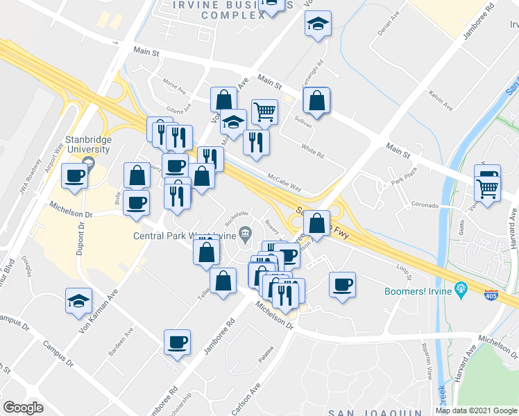 map of restaurants, bars, coffee shops, grocery stores, and more near in Irvine