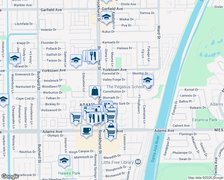 map of restaurants, bars, coffee shops, grocery stores, and more near 10091 Bismark Drive in Huntington Beach