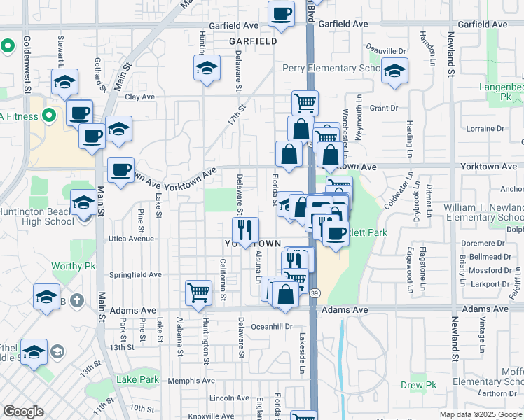 map of restaurants, bars, coffee shops, grocery stores, and more near 2116 Hess Circle in Huntington Beach