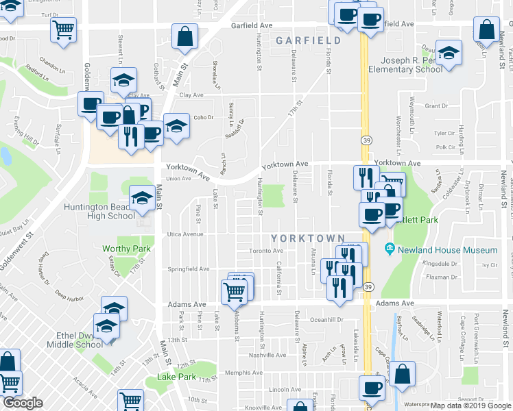 map of restaurants, bars, coffee shops, grocery stores, and more near 216 Venice Avenue in Huntington Beach