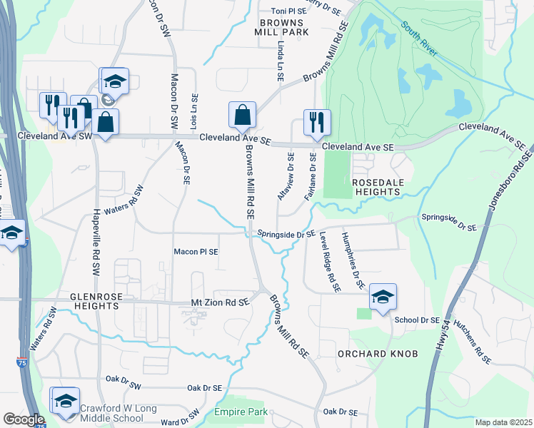 map of restaurants, bars, coffee shops, grocery stores, and more near Browns Mill Road Southeast in Atlanta
