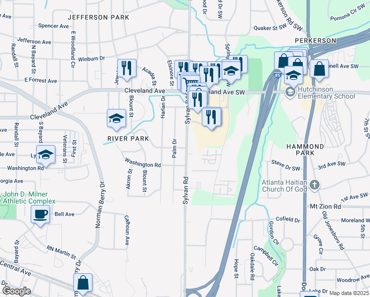 map of restaurants, bars, coffee shops, grocery stores, and more near Cedar Avenue Northwest in Atlanta