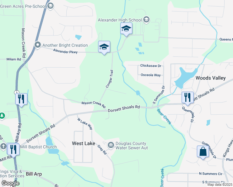 map of restaurants, bars, coffee shops, grocery stores, and more near 6561 Harrington Place in Douglasville