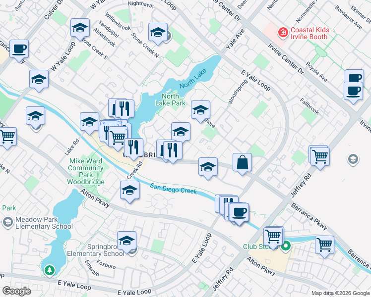 map of restaurants, bars, coffee shops, grocery stores, and more near 8 Marsh Hawk in Irvine