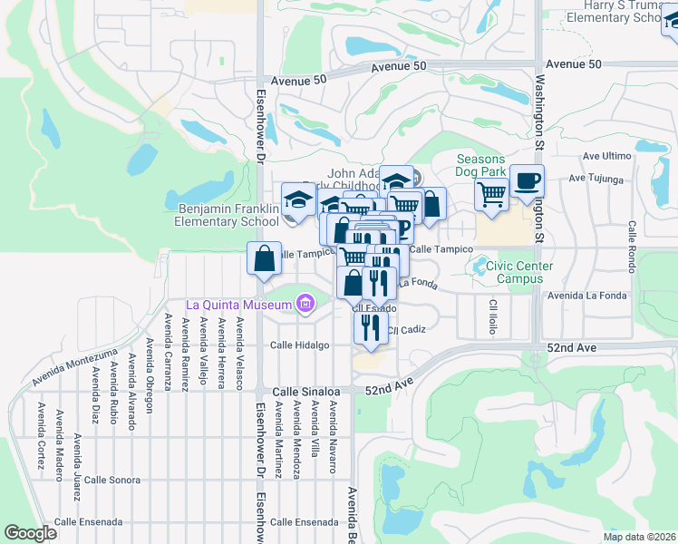 map of restaurants, bars, coffee shops, grocery stores, and more near in La Quinta