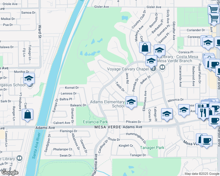 map of restaurants, bars, coffee shops, grocery stores, and more near 1867 Samar Drive in Costa Mesa