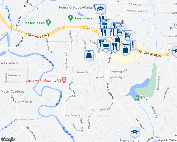 map of restaurants, bars, coffee shops, grocery stores, and more near 3663 Harvest Drive in Decatur