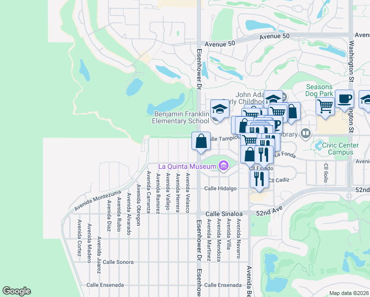 map of restaurants, bars, coffee shops, grocery stores, and more near 51225 Eisenhower Drive in La Quinta