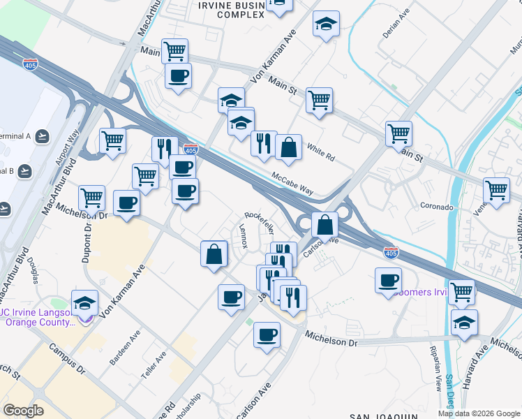 map of restaurants, bars, coffee shops, grocery stores, and more near in Irvine