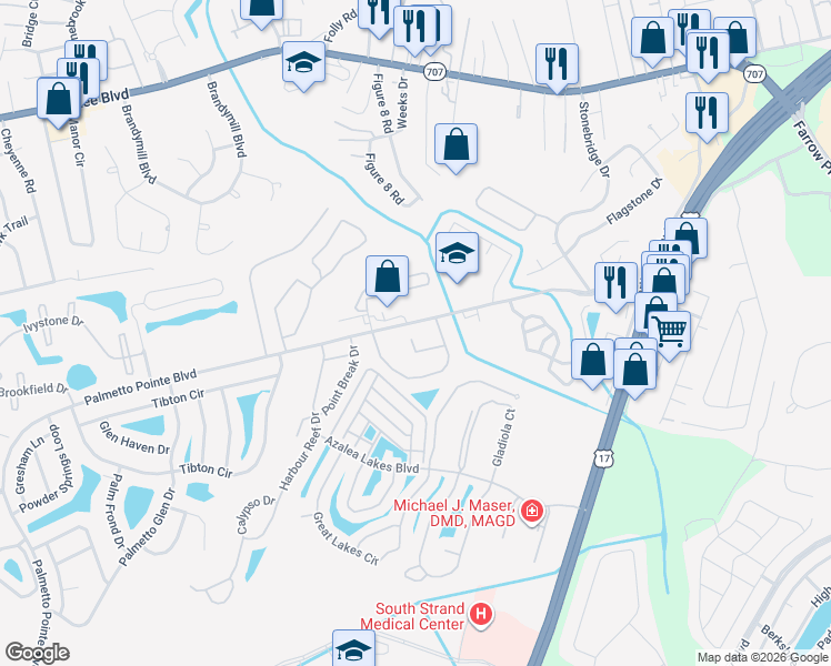 map of restaurants, bars, coffee shops, grocery stores, and more near 305 Hidden Court in Myrtle Beach