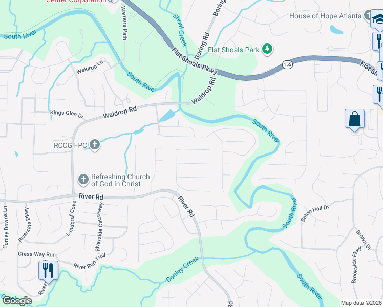 map of restaurants, bars, coffee shops, grocery stores, and more near 3423 Leyanne Court in Decatur