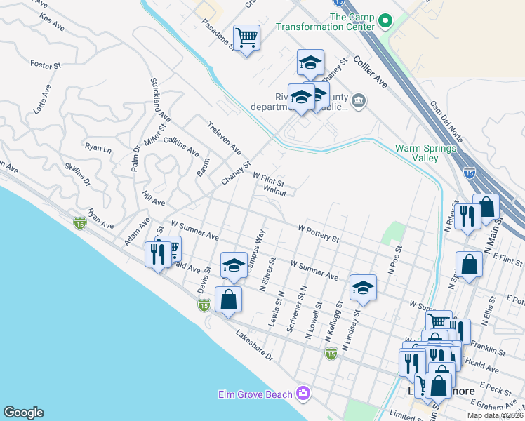 map of restaurants, bars, coffee shops, grocery stores, and more near 1205 West Pottery Street in Lake Elsinore