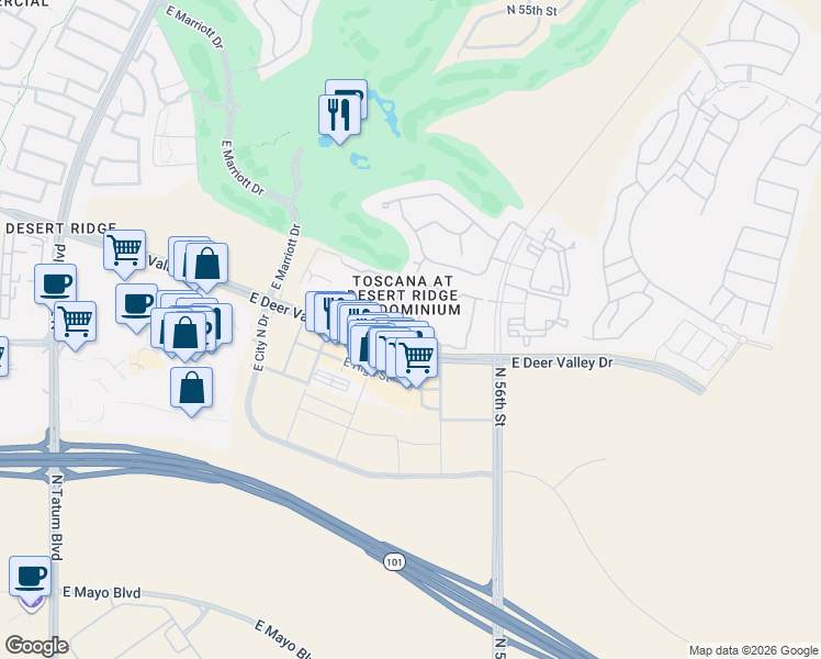 map of restaurants, bars, coffee shops, grocery stores, and more near 5450 East Deer Valley Drive in Phoenix