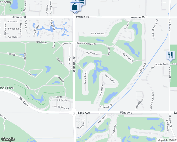 map of restaurants, bars, coffee shops, grocery stores, and more near 51144 Marbella Court in La Quinta