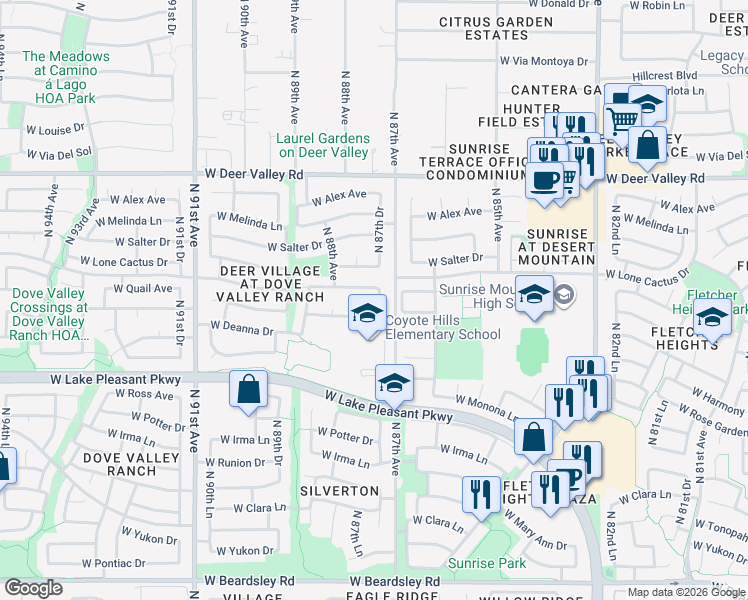 map of restaurants, bars, coffee shops, grocery stores, and more near 21330 North 87th Drive in Peoria