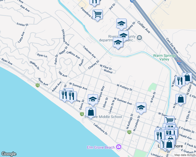 map of restaurants, bars, coffee shops, grocery stores, and more near West Pottery Street & Mohr Street in Lake Elsinore