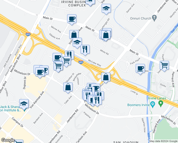 map of restaurants, bars, coffee shops, grocery stores, and more near 197 Bowery in Irvine