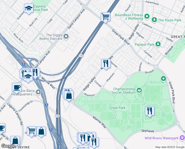 map of restaurants, bars, coffee shops, grocery stores, and more near 107 Copeland in Irvine