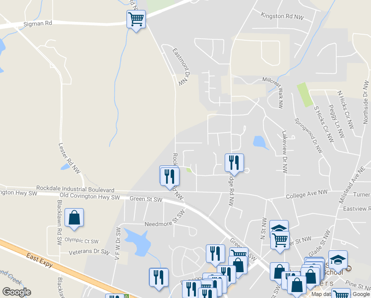 map of restaurants, bars, coffee shops, grocery stores, and more near 1255 Redmon Street Northwest in Conyers