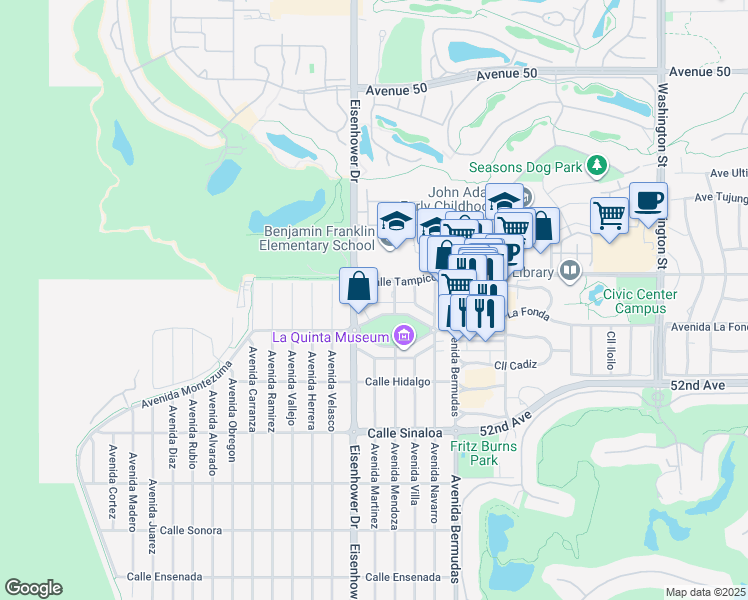 map of restaurants, bars, coffee shops, grocery stores, and more near 51085 Avenida Martinez in La Quinta