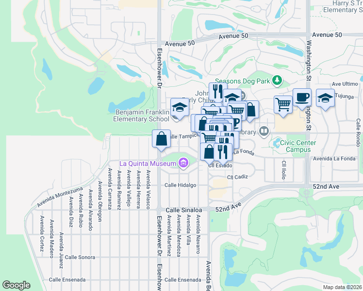map of restaurants, bars, coffee shops, grocery stores, and more near 17855 Calle Tampico in La Quinta
