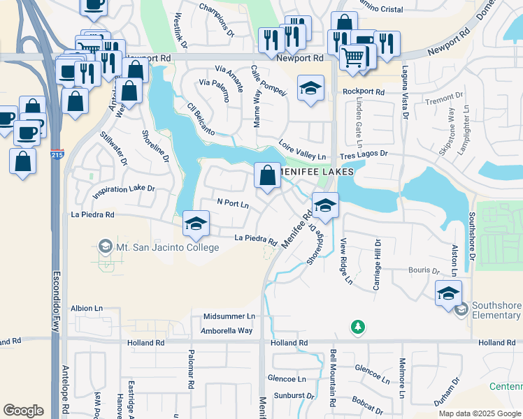 map of restaurants, bars, coffee shops, grocery stores, and more near 28742 North Port Lane in Menifee
