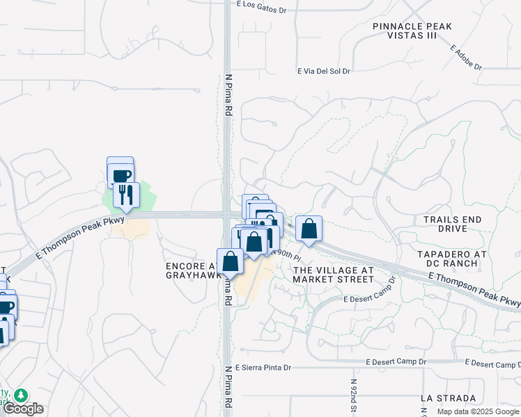 map of restaurants, bars, coffee shops, grocery stores, and more near 9270 East Thompson Peak Parkway in Scottsdale