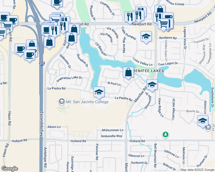 map of restaurants, bars, coffee shops, grocery stores, and more near 28586 River Glen Court in Menifee