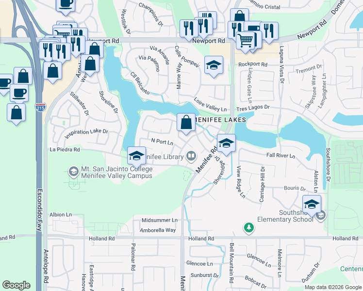 map of restaurants, bars, coffee shops, grocery stores, and more near 28742 North Port Lane in Menifee