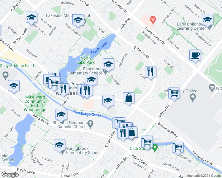 map of restaurants, bars, coffee shops, grocery stores, and more near 14 Winterbranch in Irvine
