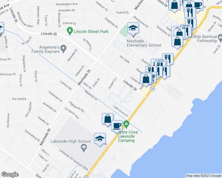map of restaurants, bars, coffee shops, grocery stores, and more near 1020 Amber Lane in Lake Elsinore