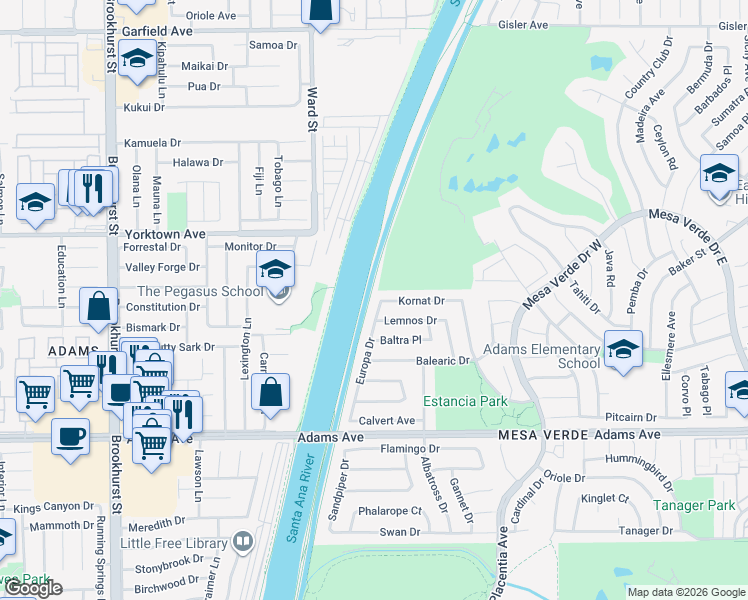 map of restaurants, bars, coffee shops, grocery stores, and more near 2885 Europa Drive in Costa Mesa