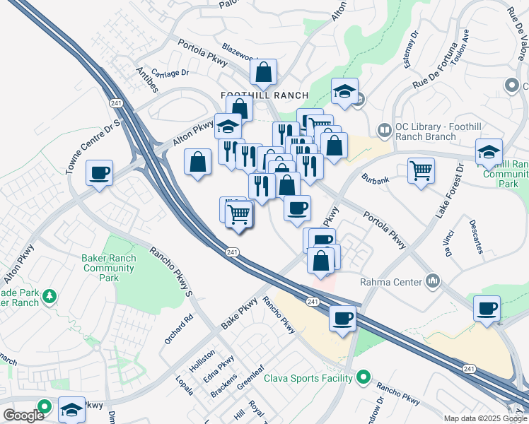 map of restaurants, bars, coffee shops, grocery stores, and more near 26582 Towne Centre Drive in Lake Forest