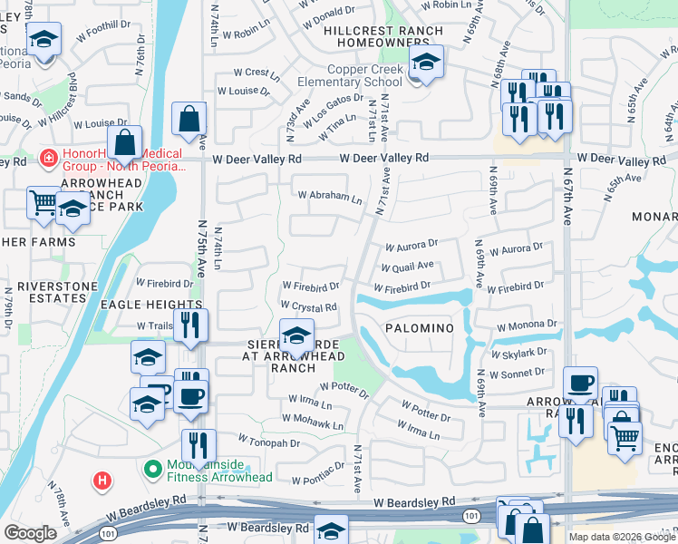 map of restaurants, bars, coffee shops, grocery stores, and more near 21129 North 71st Drive in Glendale