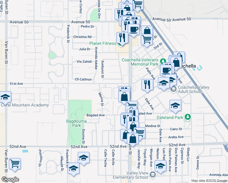 map of restaurants, bars, coffee shops, grocery stores, and more near 201k 51st Avenue in Coachella