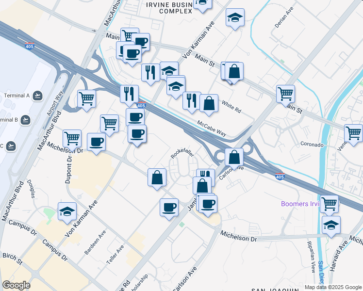 map of restaurants, bars, coffee shops, grocery stores, and more near 1100 Nolita in Irvine