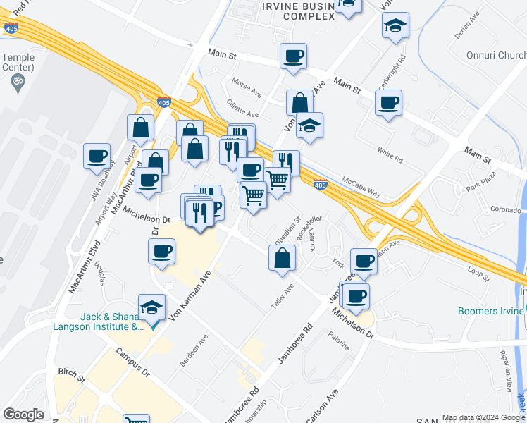 map of restaurants, bars, coffee shops, grocery stores, and more near 18200 Von Karman Avenue in Irvine