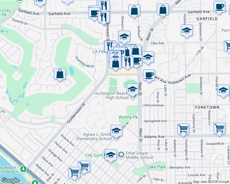 map of restaurants, bars, coffee shops, grocery stores, and more near in Huntington Beach