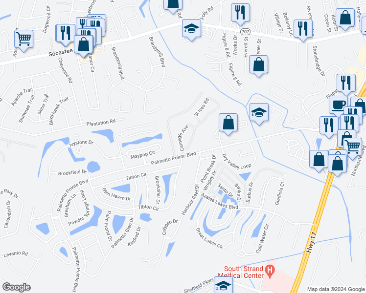 map of restaurants, bars, coffee shops, grocery stores, and more near 3909 Carnegie Avenue in Myrtle Beach