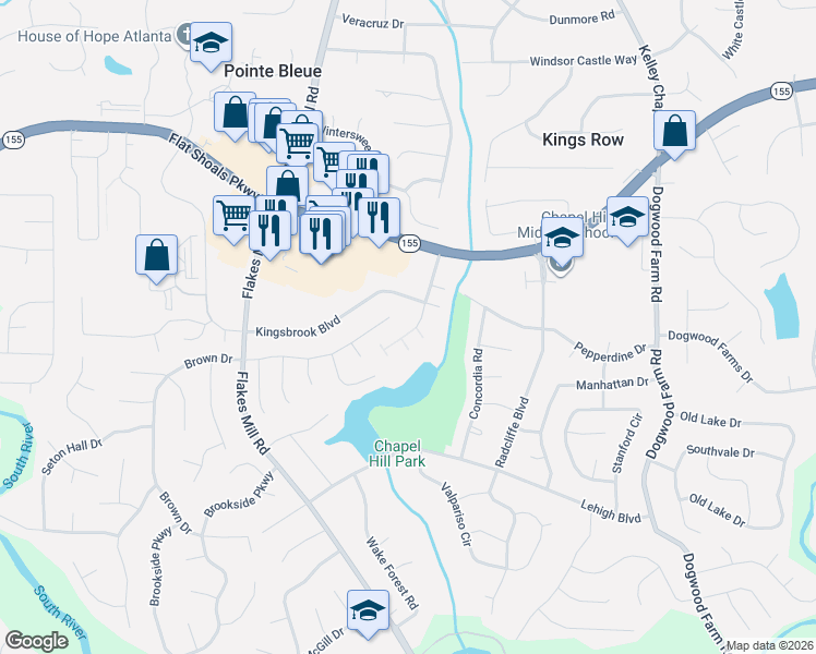 map of restaurants, bars, coffee shops, grocery stores, and more near 4019 Kingsbrook Boulevard in Decatur
